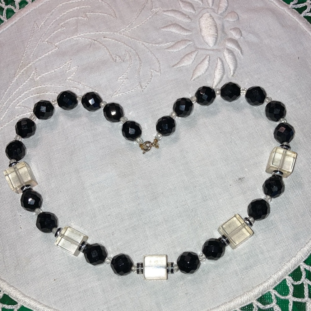 Vintage black glass beads with clear acrylic cubes necklace. Size in pics. $25 - Picture 2 of 6